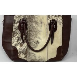 Animal Exotic Womens Brown & White Cowhide Leather Detachable Strap Tote Handbag